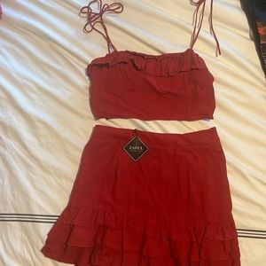 Never worn red Zaful set. Ruffled skirt and top. Tie straps